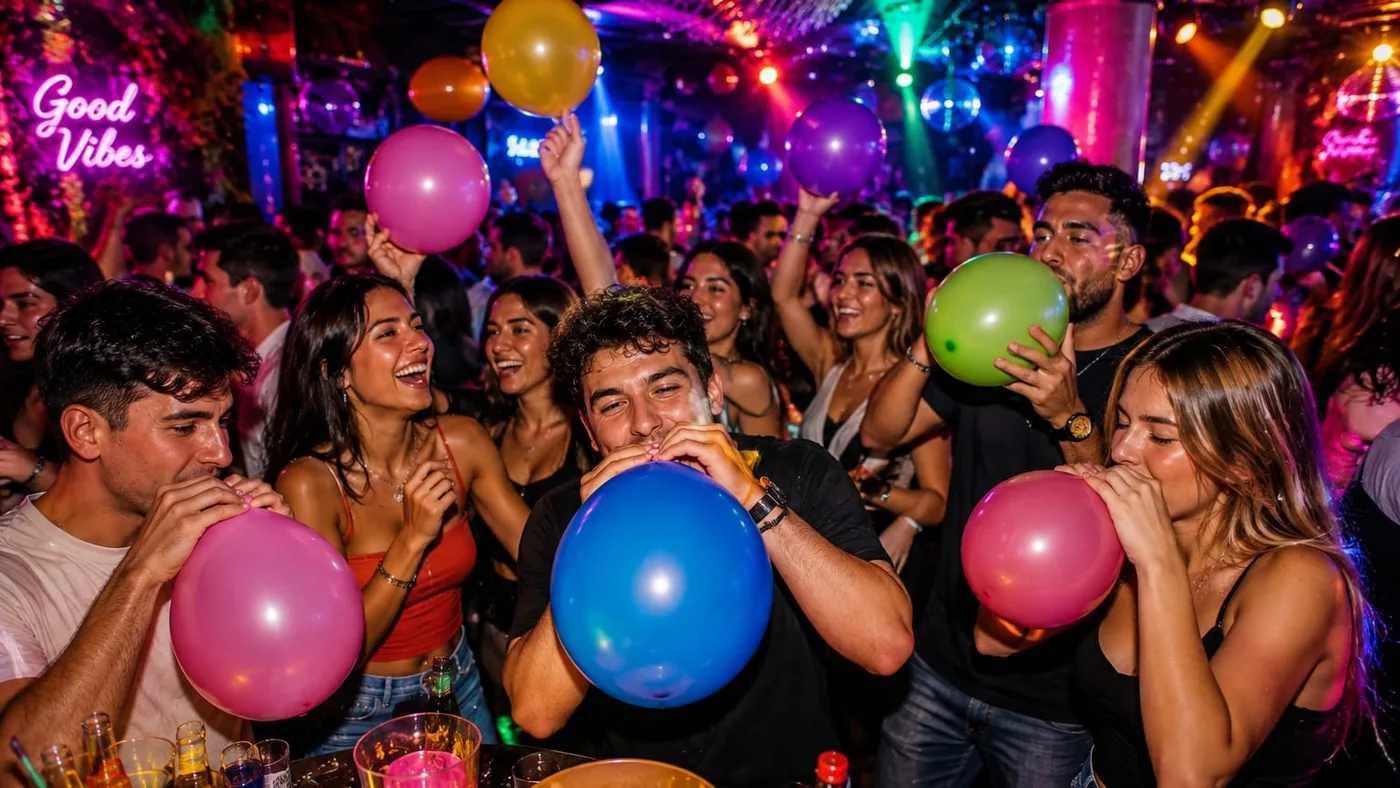 Nightlife crowd holding colorful balloons under neon lights